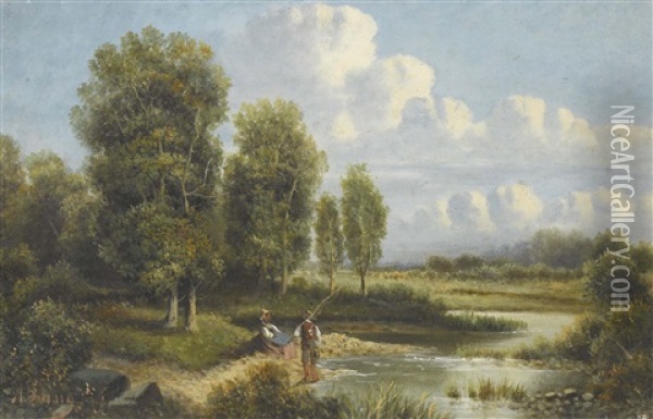 Bauernpaar Am Bachufer Oil Painting - Albert Lang