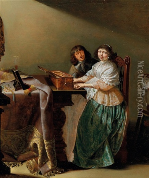 Two Figures At A Clavichord Oil Painting - Jacob Duck