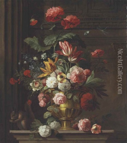 Roses, Carnations, Hydrangeas, Tulips, And Other Flowers In A Decorated Vase On A Ledge With A Squirrel, Butterfly, And A Dragonfly Oil Painting - Jakob Bogdani