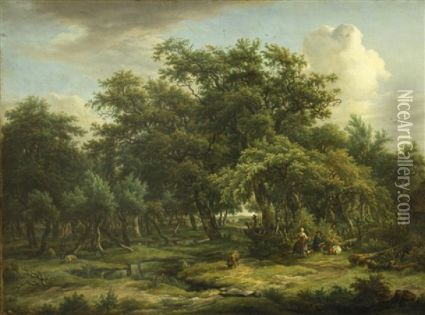 Figures And Cattle In A Pastoral Landscape Oil Painting - Egbert Van Drielst