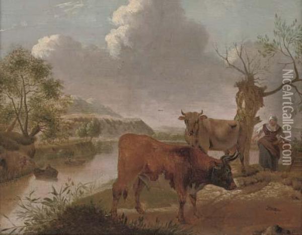 A Wooded River Landscape With Cattle And A Figure In The Foreground Oil Painting - Jan I Kobell