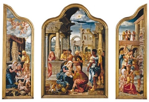 The Adoration Of The Magi; The Adoration Of The Shepherds; The Massacre Of The Innocents; The Theological Virtues (triptych With Outer Wings, Some Smaller) Oil Painting - Lambert Lombard