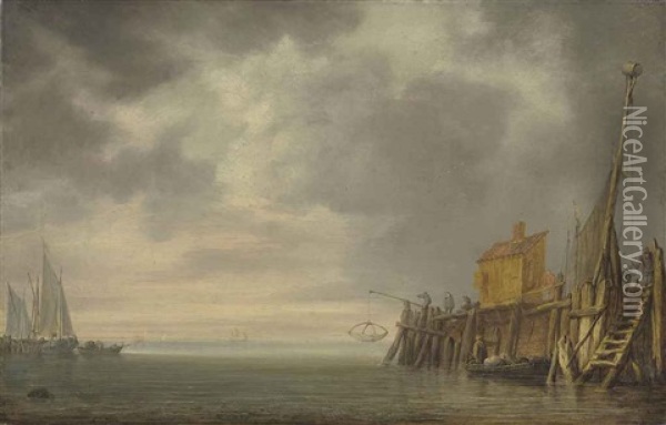 The Entrance To A Harbour With Fishermen Pulling In Their Nets On The Jetty And Vessels At Anchor Oil Painting - Simon De Vlieger