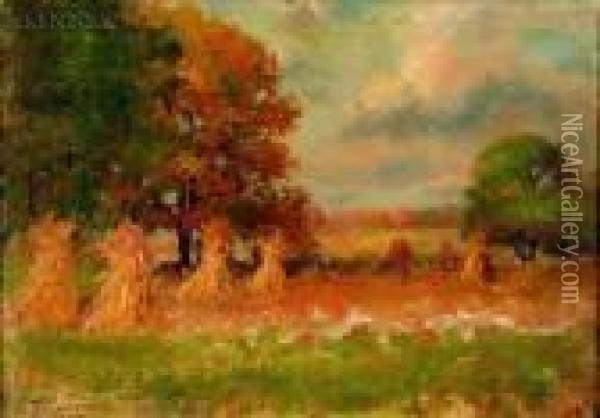 Field With Haystacks Oil Painting - Joseph H. Greenwood