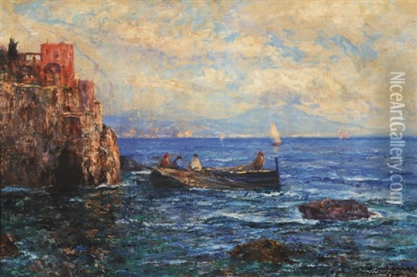 Off The Coast Of Capri Near The Entrance To The Blue Grotto Oil Painting - Albert Wenk