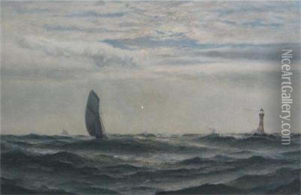 Sailing Ship By A Lighthouse At Dusk Oil Painting - Richard Julius Biddle