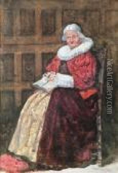 Portrait Of Anelderly Lady In Elizabethan Costume Oil Painting - Charles Rowbotham