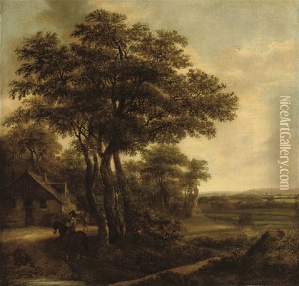 A Wooded Landscape With A Man On Horseback Oil Painting - Meindert Hobbema