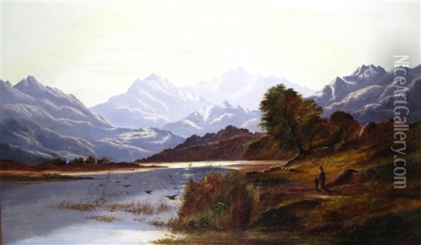 A Shepherd And Son By A Loch In The Highlands Oil Painting - Charles Leslie