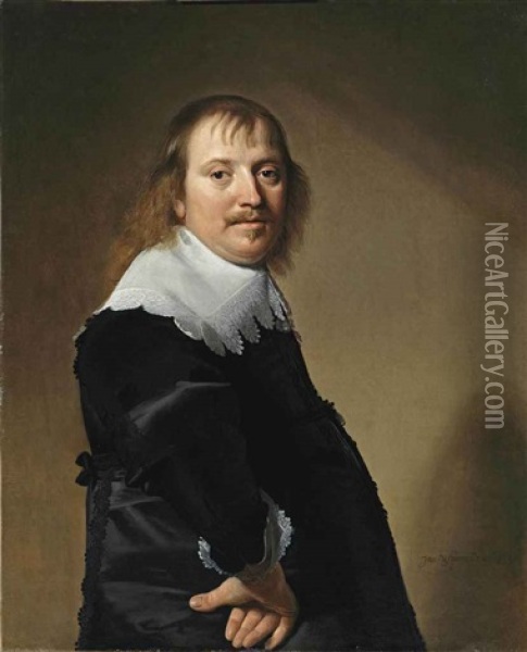 Portrait Of A Gentleman In A Black Costume With A White Collar And Cuffs Oil Painting - Johannes Cornelisz Verspronck