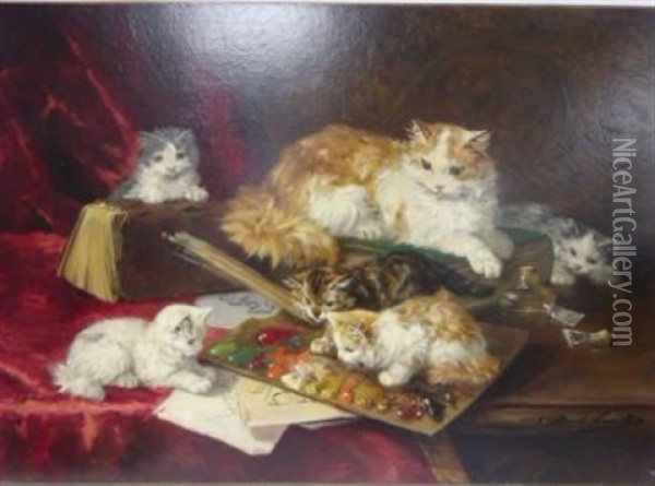 Chats A La Palette Du Peintre. Oil Painting - Alfred Arthur Brunel de Neuville
