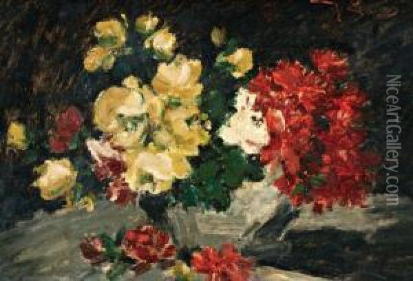 Vaas Met Rode En Gele Bloemen Oil Painting - Victor Simonin