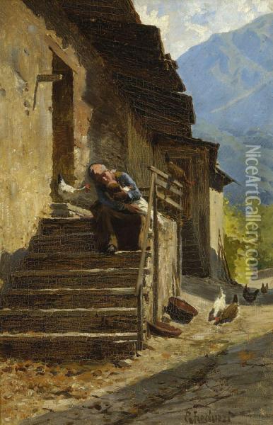 Bauerin Mit Kind Auf Der Treppe Vor Dem Bauernhaus Oil Painting - Ugo Gheduzzi