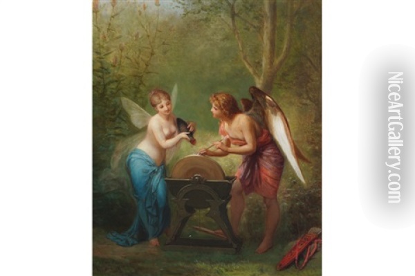 Cherubs Sharpening Their Arrows Oil Painting - Henri Jean Picou