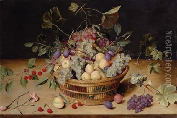 Plums, Grapes, Peaches And Cherries In A Basket And Strewn On A Ledge With Carnations And A Butterfly Oil Painting - Jacob van Hulsdonck