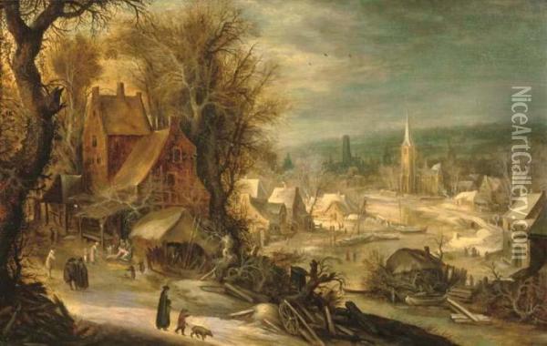 A Winter River Landscape With Figures On The Outskirts Of A Village Oil Painting - Frans de Momper