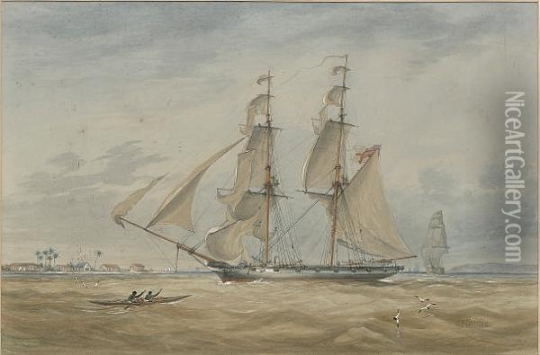 A Royal Navy Brig On Anti-slavery Patrol Heaving-to Off The African Coast Oil Painting - Charles Arthur Lodder Capt.