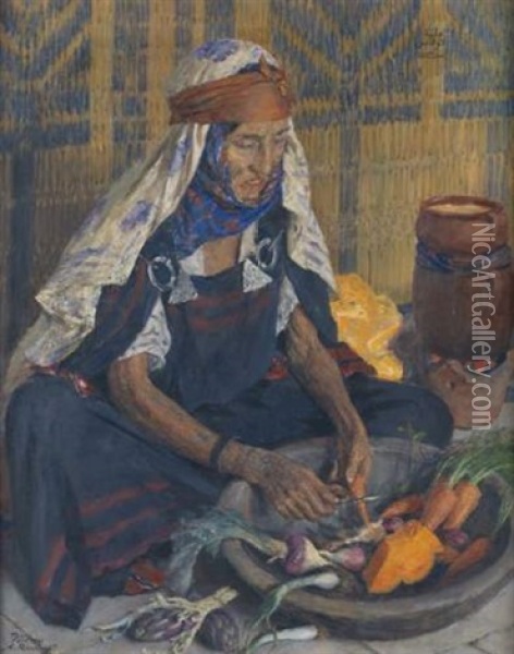 Vieille Femme Tunisienne Preparant Des Legumes Oil Painting - Alexandre Roubtzoff