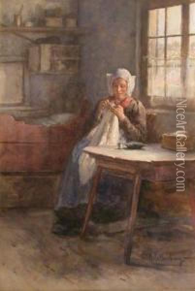 Woman Sewing By A Window Oil Painting - Hendrik Valkenburg