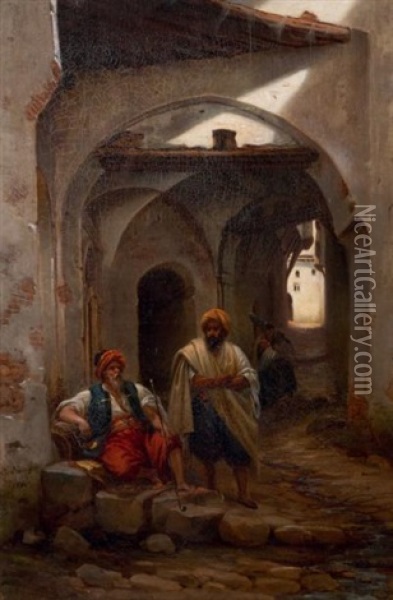 Fumeur Et Promeneurs Dans Une Rue D'alger Smoker And Walkers In A Street In Algier Oil Painting - Jean-Charles (Col.) Langlois