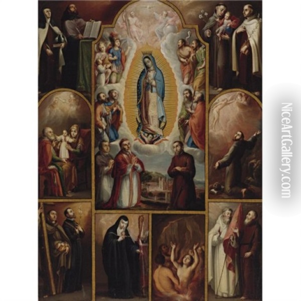 The Virgin Of Guadalupe Surrounded By Archangels, Saints And Donors Oil Painting - Juan Rodriguez Juarez