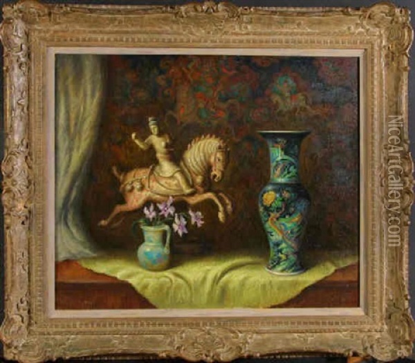 Still Life - Tang Horse And Chinese Ceramic Vase Oil Painting - Stanilaus Poray