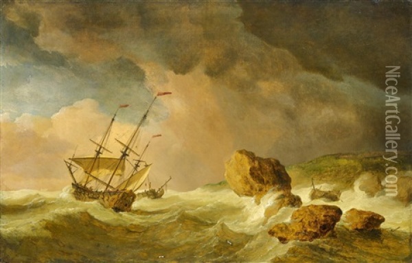 Segler In Sturmischer See Oil Painting - Willem van de Velde III
