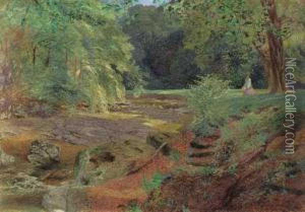 A Lady By A Rocky Stream In Dappled Sunlight Oil Painting - Alfred William Hunt