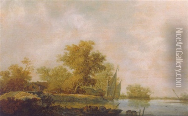 Fishermen Unloading Lobster Pots On A River, With An Angler And Moored Sailing Ships By A Farm Beyond Oil Painting - Salomon van Ruysdael