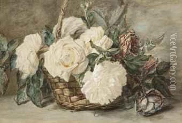 Roses In A Basket Oil Painting - Adriana-Johanna Haanen