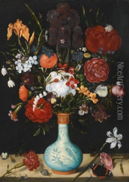 Still Life Of Roses, Marigolds, Aquilegia, Violets, Convolvulus, Hollyhocks Oil Painting - Ambrosius Bosschaert the Elder