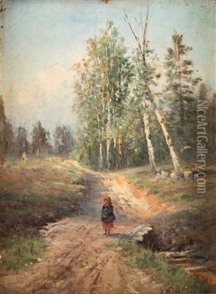 Girl On A Country Lane Oil Painting - Aleksandra Egorovna Makovskaya