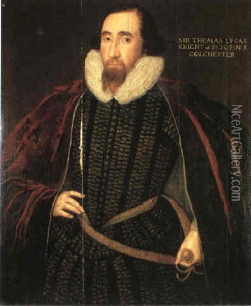 Portrait Of Sir Thomas Lucas, Knight Of St. Johns,          Colchester, Standing Three Quarter Length... Oil Painting - George Gower