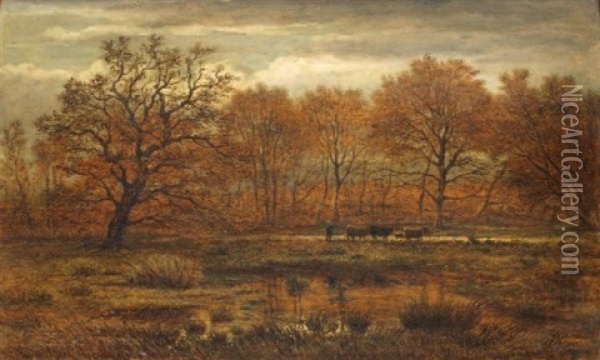 Paysan Et Son Troupeau Sur Un Chemin Devant Un Sous-bois Oil Painting - Henri Chevallier