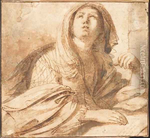 A seated sybil looking up to the left, half-length, resting her hand on a book Oil Painting - Giovanni Francesco Barbieri