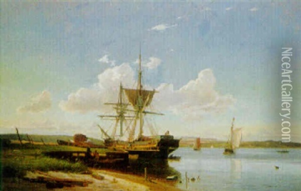 Marin Med Lastande Skepp Samt Segelbatar Oil Painting - Viggo Fauerholdt