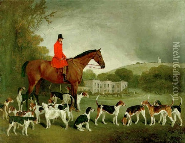 Richard Burton With The Tedworth Hounds, With Tedworth Hall And A Folly Beyond Oil Painting - Richard Barrett Davis