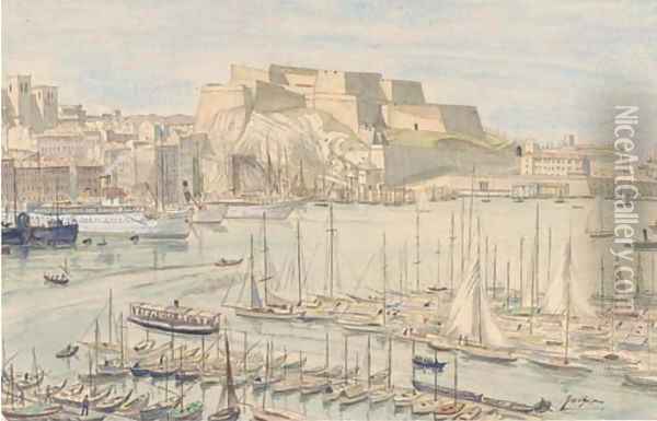 Steam yachts and other shipping in a continental harbour Oil Painting - Job Nixon