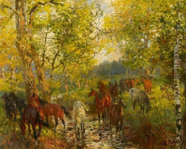 Pferde Im Herbstwald Oil Painting - Theodor Rocholl