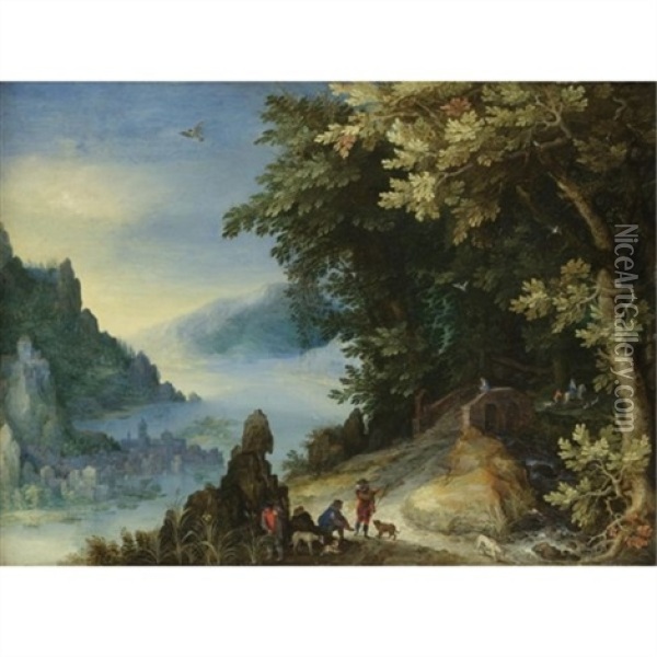 A Mountainous River Landscape With Travellers On A Hill Overlooking A Distant Town Oil Painting - Jan Brueghel the Elder