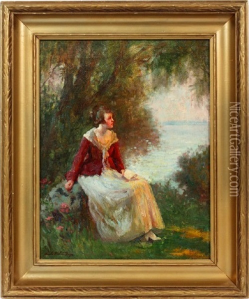 Seated Lady Outside Oil Painting - Charles E. Waltensperger