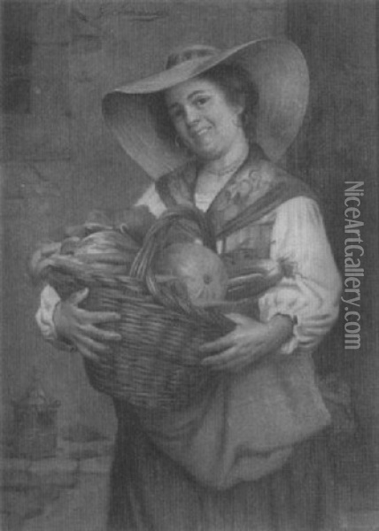 Woman With Vegetable Basket Oil Painting - Giovanni Sandrucci