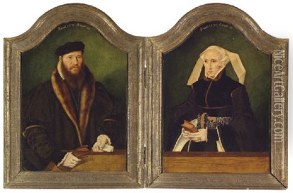Portrait Of A Gentleman In A Fur-lined Coat And Portrait Of A Lady In A Black Dress And Pearl Encruste (diptych) Oil Painting - Bartholomaeus (Barthel) Bruyn the Younger