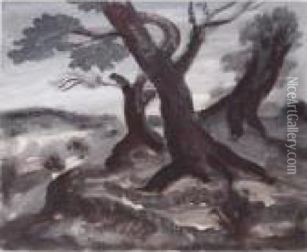 Landscape With Trees Oil Painting - Bernard Meninsky