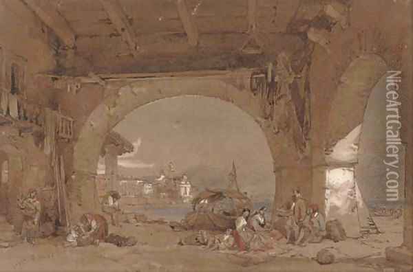 Venetians resting under the arches Oil Painting - Samuel Prout