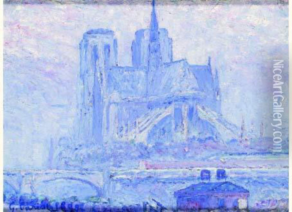 Paris, Notre-dame, Vue Du Port Aux Vins, Matin Brouillard, 8 H, Automne Oil Painting - Gustave Cariot