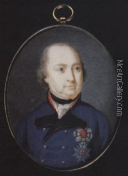 Maximilian I, King And Elector Of Bavaria, Wearing Uniform, Blue Coat, Black Facings And Red Piping, The Badge Of The Order Of St. Hubert Of Bavaria, Another Breast Star, Black Stock, Frilled Cravat Oil Painting - Franziska Schoepfer