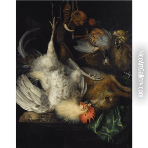 A Hunting Still Life Of A Dead Hare And A Cockerel Suspended From A Hook, A Dead Partridge And Two Songbirds, Together With Various Hunting Gear Oil Painting - Bartholt Wiebke