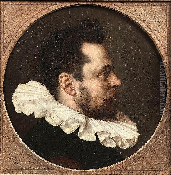 Portrait Of Gentleman In Profile, Bust Length, Wearing A Black Tunic And A White Ruff Oil Painting - Cornelis Ketel