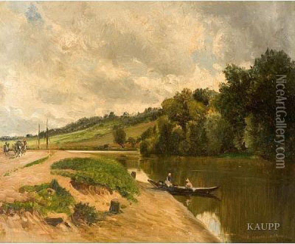 Sommerliche Flusslandschaft Mit Bauerlicher Figurenstaffagein Einem Nachen Und Auf Einem Weg Am Ufer Oil Painting - Edouard Auguste Imer